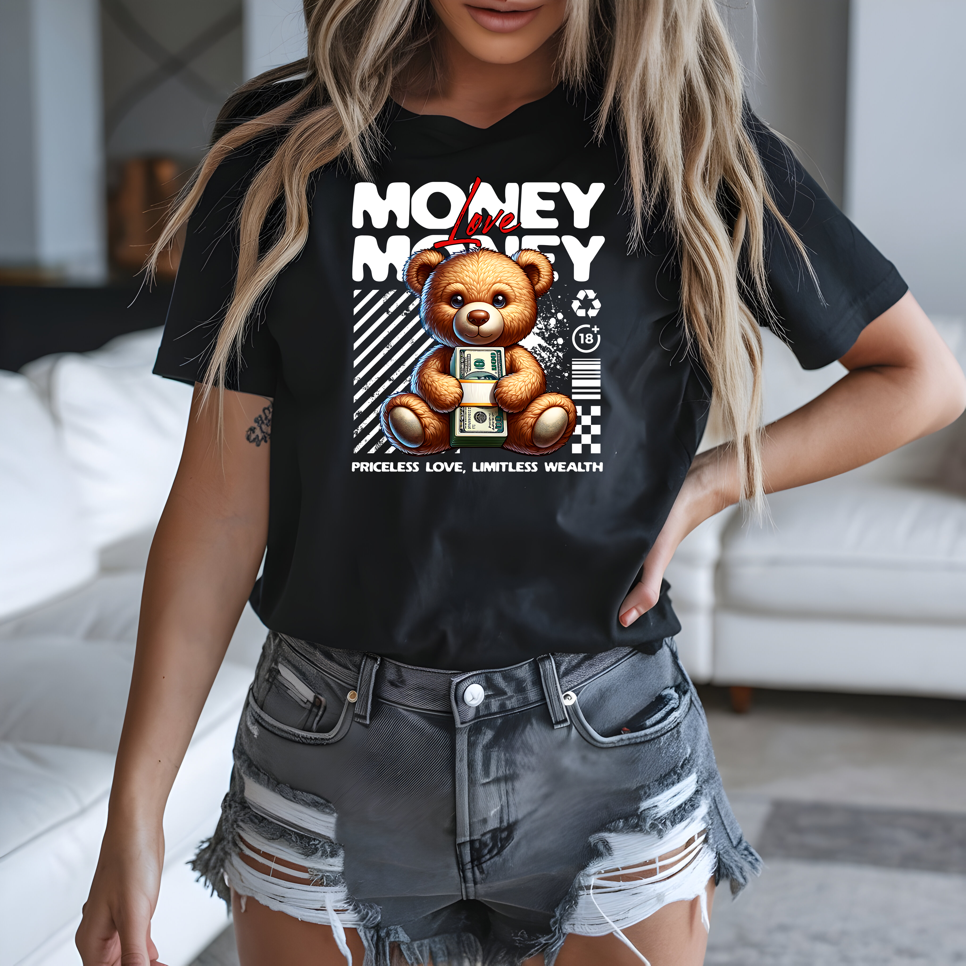 Tricou de damă oversize din bumbac 100% – model Teddy bear Money